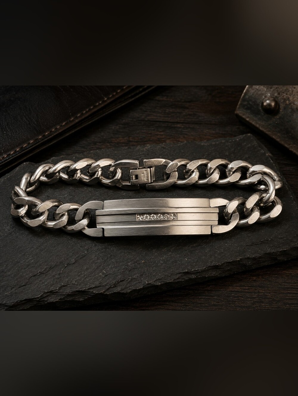 Men's Stainless Steel ID Bracelet Crystal Accent Curb Link 8.5"